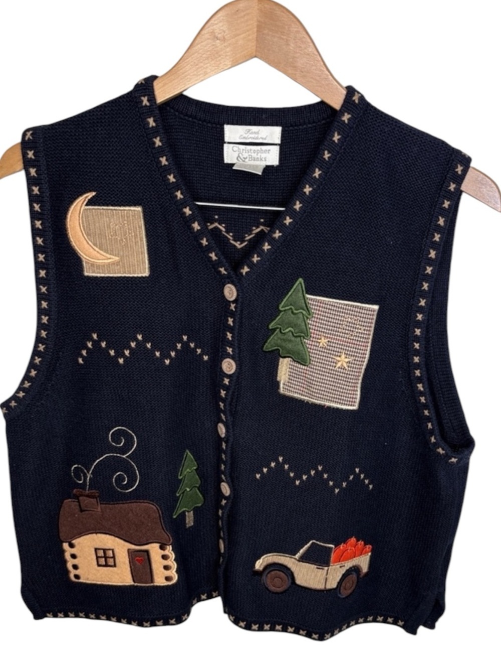 Christopher & Banks Navy Knit Fall Kitschy Button Ramie Vest Women Size XL